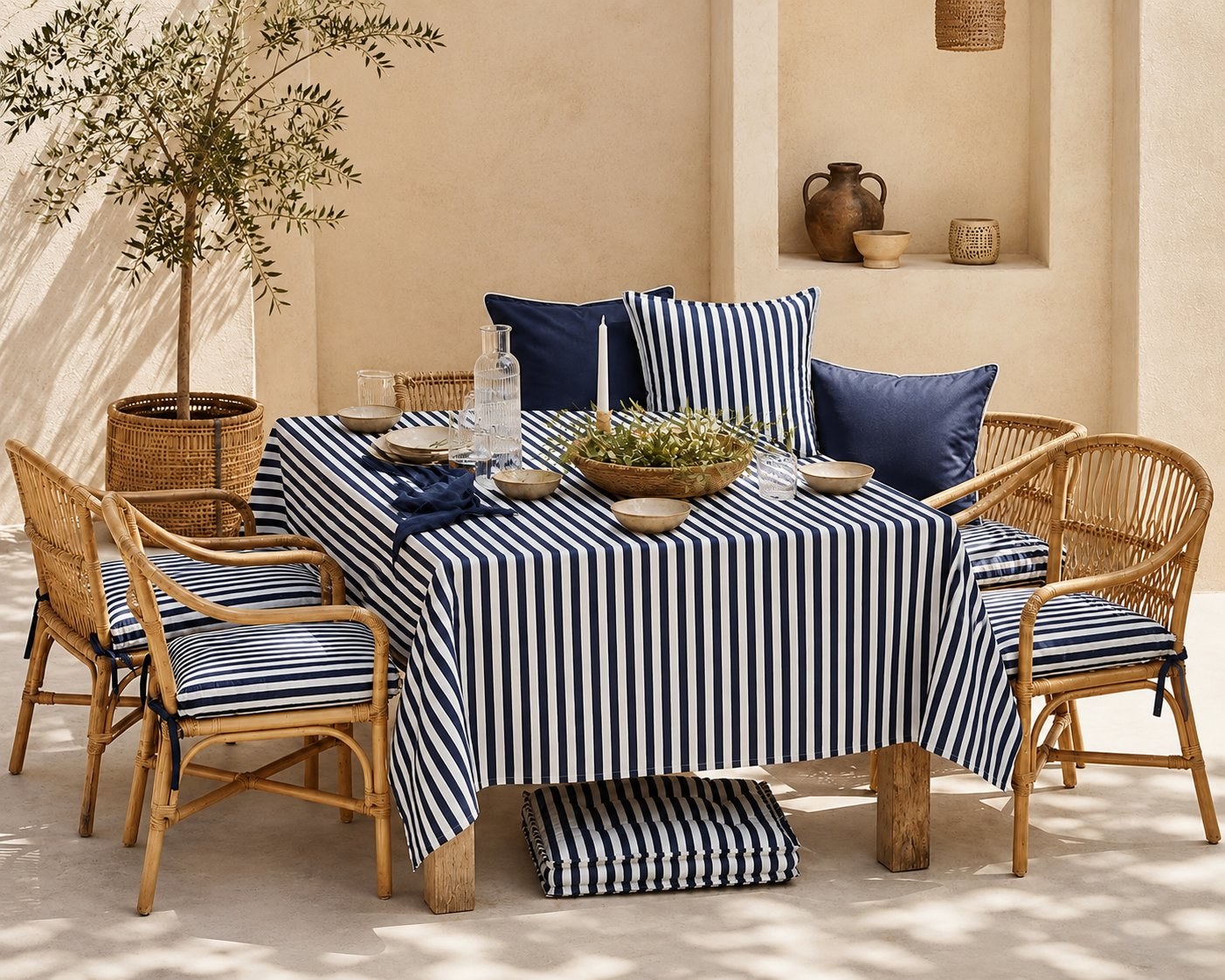 Navy and white striped outdoor dining setting